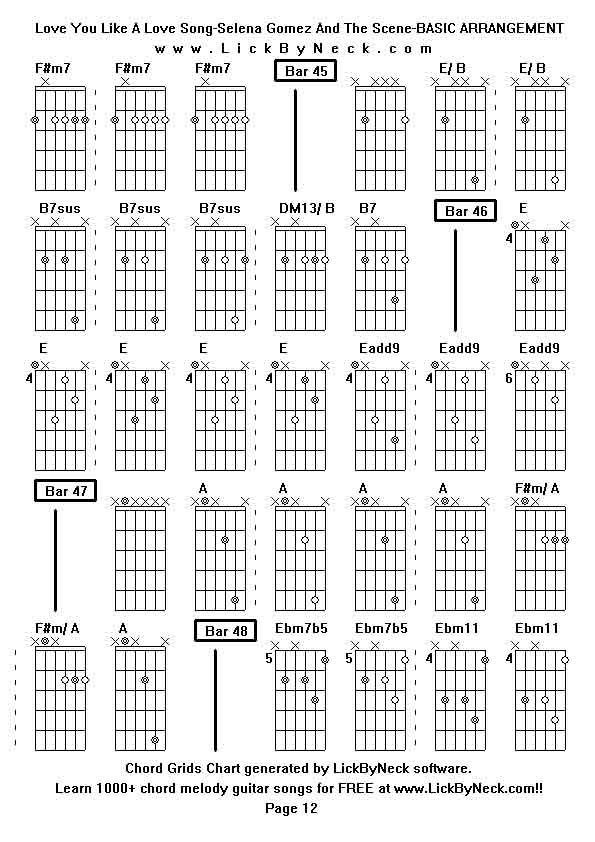 Chord Grids Chart of chord melody fingerstyle guitar song-Love You Like A Love Song-Selena Gomez And The Scene-BASIC ARRANGEMENT,generated by LickByNeck software.